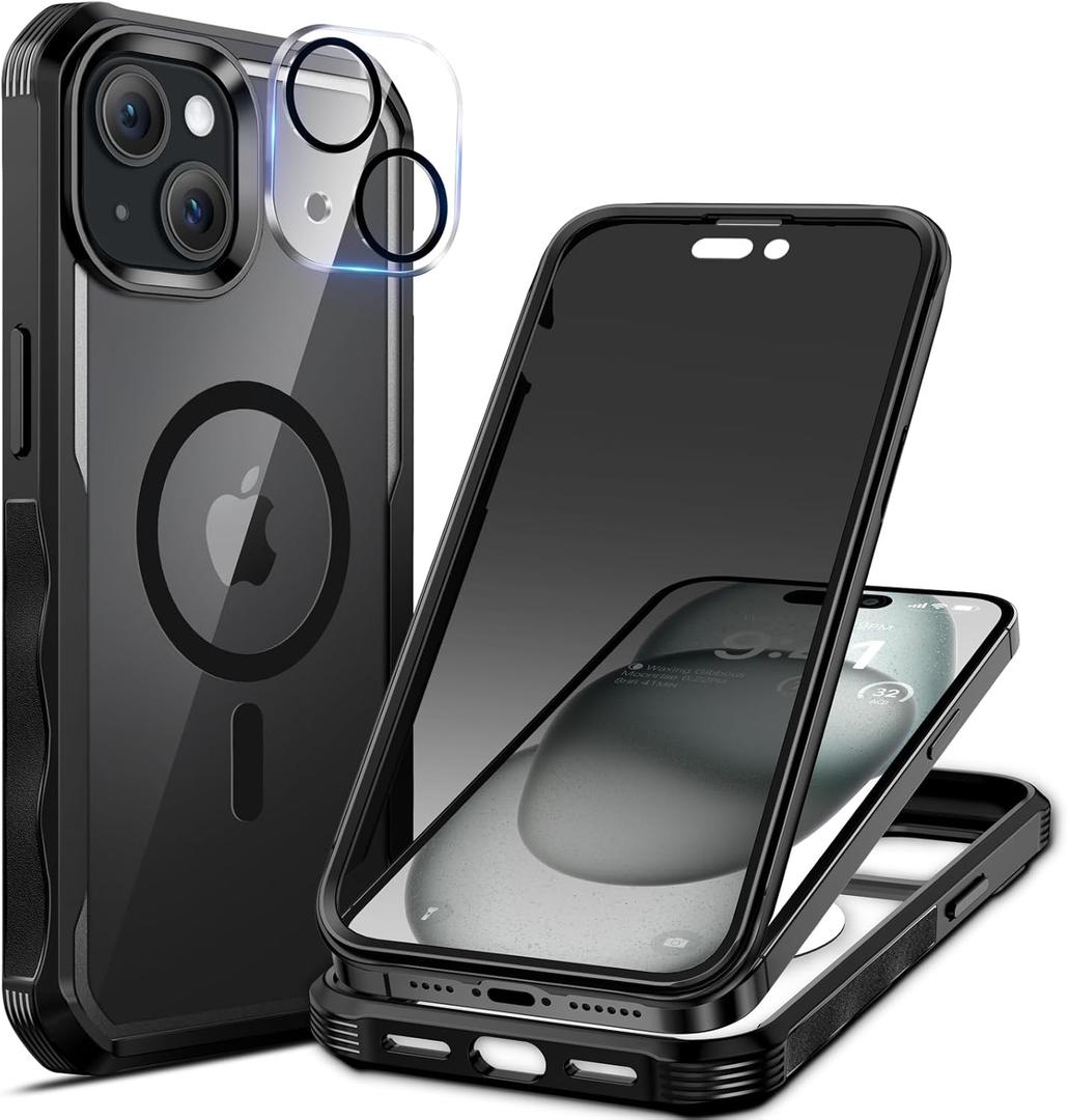 seacosmo for iPhone 15 Plus Case, Full Body Bumper with Built-in 9H Tempered Glass Privacy Screen Protector and Camera Lens Protector, Compatible with MagSafe, Shockproof Phone Cover, 6.7", Black