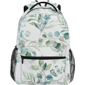 Miaoquhe Sage Green Leaves Backpacks for School Student, Watercolor Eucalyptus Leaf Laptop Backpacks for Kids Boys Girls, Floral Bookbags for Outdoors Travel Hiking Camping, 17.32x12.59x5.90 inch