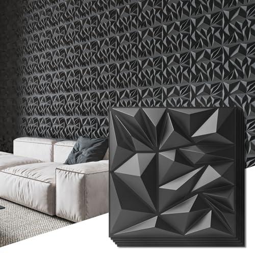 Art3d 50-Pack 3D Wall Panels for Interior Wall Decor, Modern Diamond Textured Accent Wall Paneling for Gaming Living Room TV Wall Background, 12 x 12 inch Black