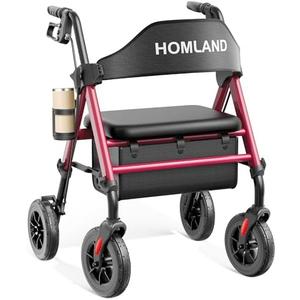 HOMLAND Walkers for Seniors with Seat, Foldable Rollator Walker, Reinforced Aluminum Frame, 8" Big Rubber Wheels for All Terrain, Height Adjustable Lightweight Rolling Walker