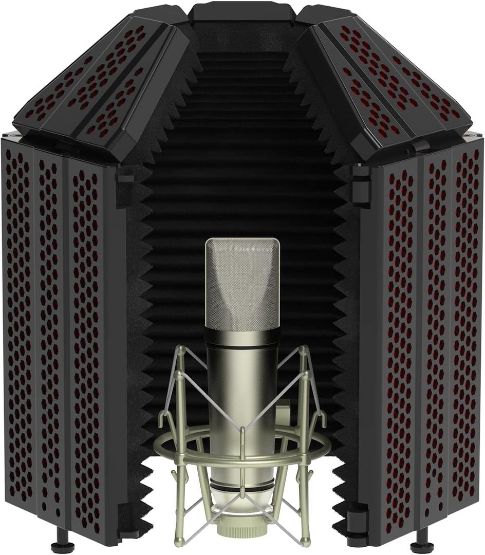 XTUGA Recording Microphone Isolation Shield, High Density Absorbent Foam 5 Panels to Filter Vocal,Top Enclosed Foldable Soundproof Cover for Condenser Studio Equipment MIS02