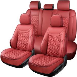 Car Seat Covers Full Set, Faux Leather Seat Covers for Cars, Car Seat Protector Waterproof, Non-Slip,Bright and Shiny seat Covers Make Your Vehicle Look, 5Seaters,Wine-Red