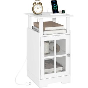 Nightstand with Charging Station,White End Table Modern Side Table with USB Ports and Outlets, Mid-Century Bedside Table with Storage for Bedroom Living Room MLBZ08WE