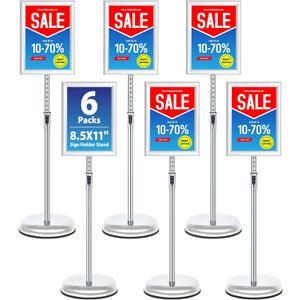 6Packs 8.5x11 Inch Adjustable Pedestal Poster Sign Stand, Heavy Duty Floor Standing Sign Holder Stand Aluminum Snap Open Frame for Vertical and Horizontal View Sign Displayed(Silver)