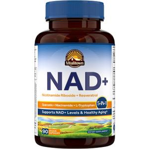 Vitalitown 5 in 1 NAD+, NMN Supplement Alternatives, Nicotinamide Riboside (NR), Trans-Resveratrol, Quercetin, Niacinamide, L-Tryptophan, for Cellular Energy, Heart, Skin, 90 Veggie Capsules EXP: 04/2029