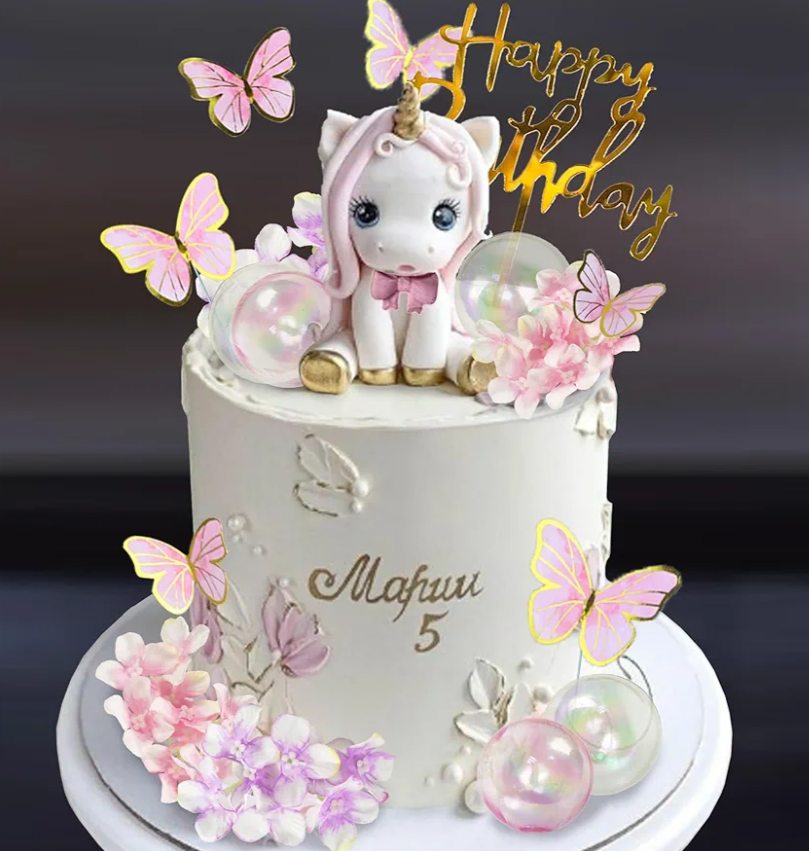 DRWATE Unicorn Cake Topper Unicorn Cake Decorations with Artificial Flower Ball Butterfly Happy Birthday Cake Decorations for Girls Women Birthday Party Baby Shower Supplies (Flower)
