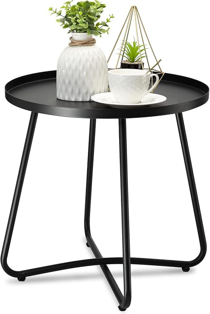 danpinera Outdoor Side Tables, Weather Resistant Steel Patio Side Table, Small Round Outdoor End Table Metal Side Table for Patio Yard Balcony Garden Bedside Black, Set of 2