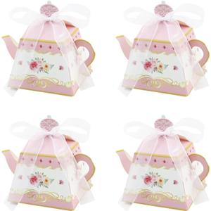 20 Pieces Tea Party Favor Boxes, Vintage Floral Teapot Parties Box Treat Gift Goodie Candy Flower Pacakge Boxes with Ribbon for Wedding Bridal Showers Garden Party Centerpiece Table Decorations (Pink)