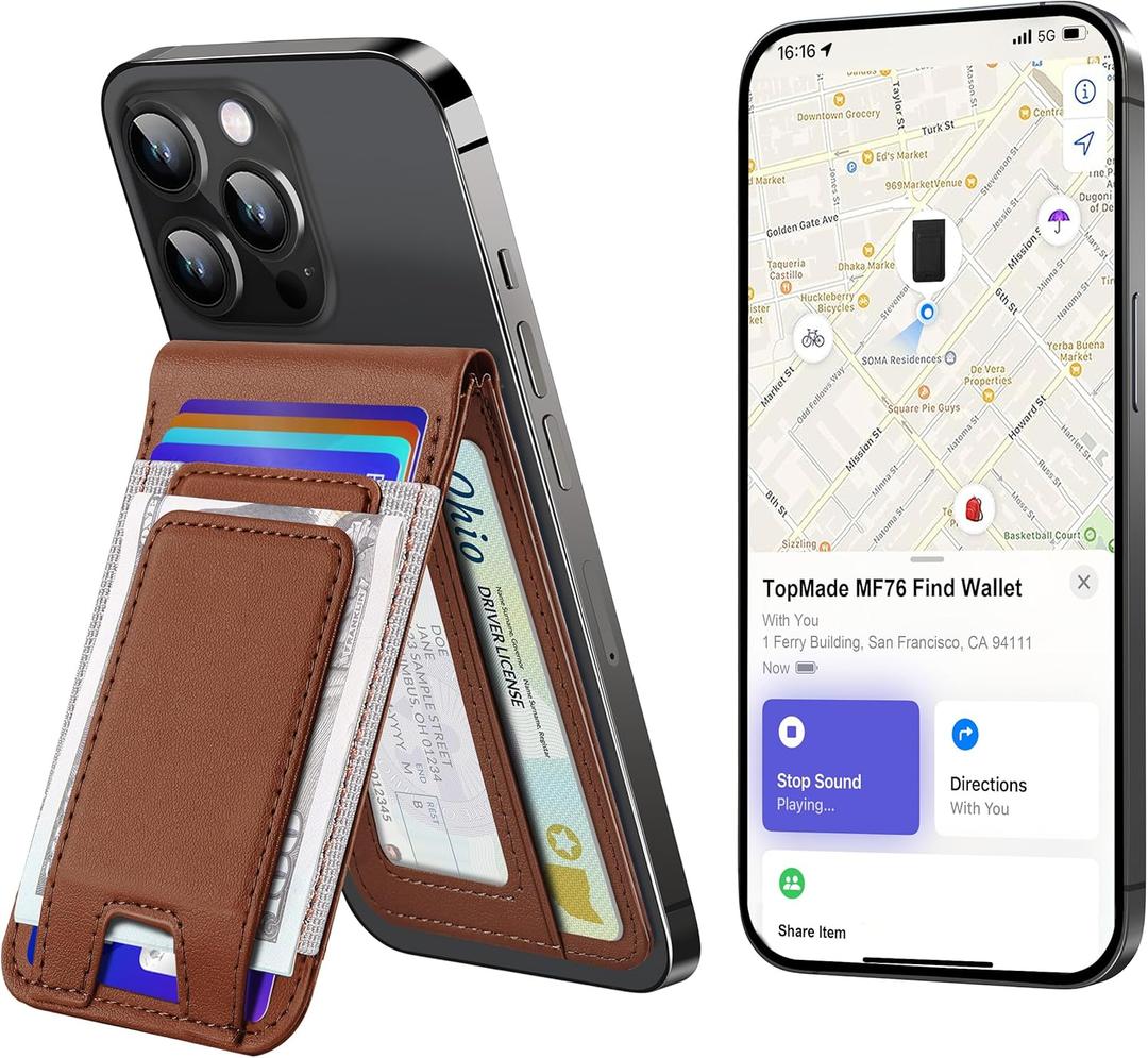 TopMade for MagSafe Wallet Stand with Money Clip, Works with Apple Find My, Magnetic Wallet for iPhone 17/16/15/14/13/12 Series, for iPhone Wallet with Finder Tracker, Brown(Gray Elastic Band)