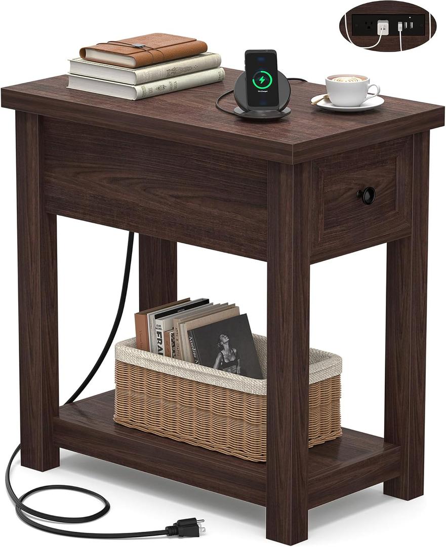 Armocity Narrow End Table with Charging Station - Farmhouse Side Table with Drawer, 14" Wide Wood Nightstand Slim Couch Bedside Table for Living Room Bedroom Small Spaces, Black Walnut, 1 Pack