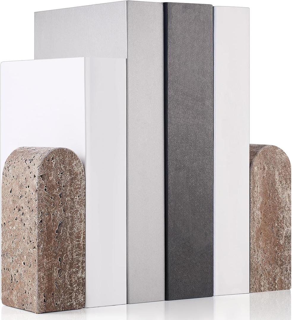 CroBlissful 2 Pcs Travertine Natural Marble Bookends for Shelves, Decorative Book Ends Solid Bookends Heavy Duty Book Holders, Bookshelf Decor for Home Study Bathroom Kitchen Cd Video Games (Grey)