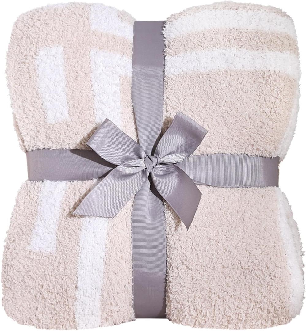 Panku Ultra Soft Cozy Knit Throw Blanket for Couch and Bed, Knitted Luxury Reversible Cozy Warm Fleece Blanket Throw, Plush Fluffy and Fuzzy Geometric Blankets for Gift (50x60 Inches, Beige/Khaki) (Stone and White)