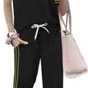 Women 2 Piece Outfits Summer Set Striped Short Sleeve Sweatsuits Crew Neck Pullover Lounge Tracksuit with Pocket (Black, S)