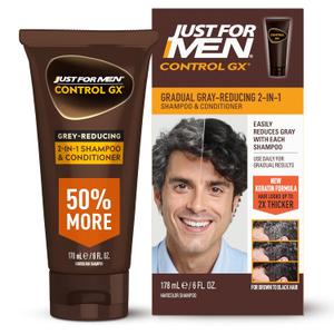 Just for Men Control GX Grey Reducing 2-in-1 Shampoo and Conditioner, Gradual Hair Color with Keratin for Stronger Thicker and Healthier Looking Hair, 6 Fl Oz - Pack of 1