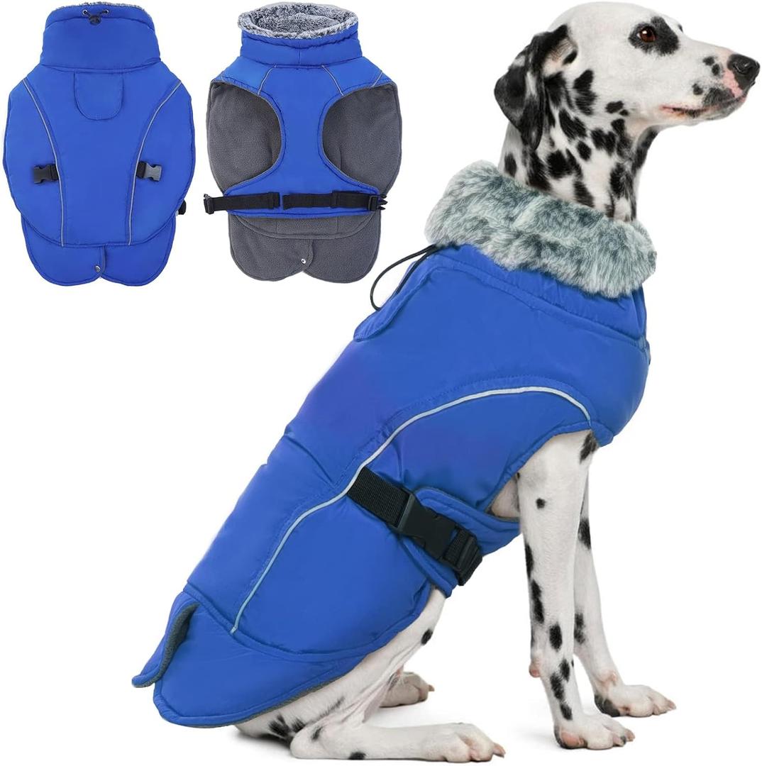DENTRUN Winter Warm Dog Coat Reflective Jacket with Turtleneck for Cold Weather, Adjustable Buckle Windproof Water Repellent, Thick Snowsuit Fleece Vest for Small, Medium, Large Dogs, Blue, L