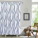 Biscaynebay Extra Long Textured Fabric Shower Curtain 72 W x 84 L, Navy Striped Printed Linen Modern Hotel Luxury Quality Cloth Bathroom Curtains Machine Washable