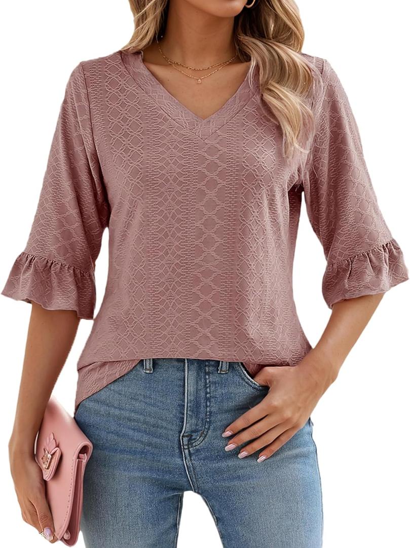 Womens 3/4 Flutter Sleeve Tops V Neck Shirts for Business Casual Loose Tunic Work Dressy Blouses (Medium, Pink) Womens 3/4 Flutter Sleeve Tops V Neck Shirts for Business Casual Loose Tunic Work Dressy Blouses (Medium, Pink)