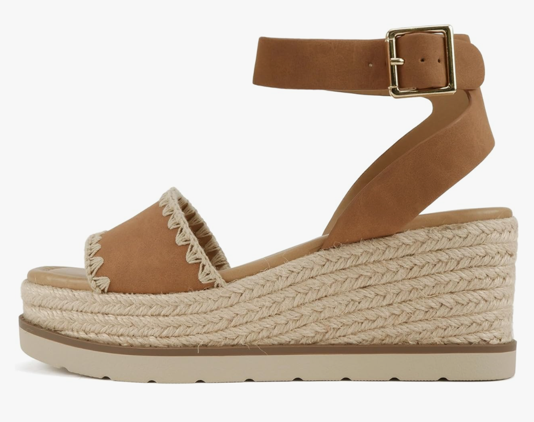 Soda “Laguna” ~ Women Square Toe Stitched Single Band Low Heel Espadrille Wedge Sandal with Adjustable Ankle Strap Size 6