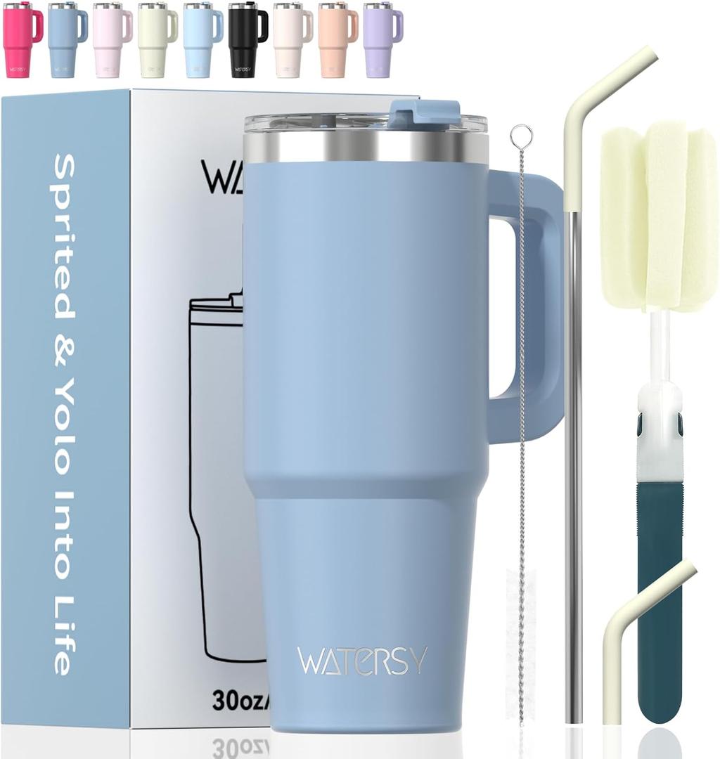 Watersy 30 oz Tumbler with Handle,Tumbler with Lid and Straw,Double Wall Insulated Cup Stainless Steel Travel Mug(Cold for 34 Hours),Water Bottle for Iced Tea,Coffee,Cold Beverages(Smog Blue)