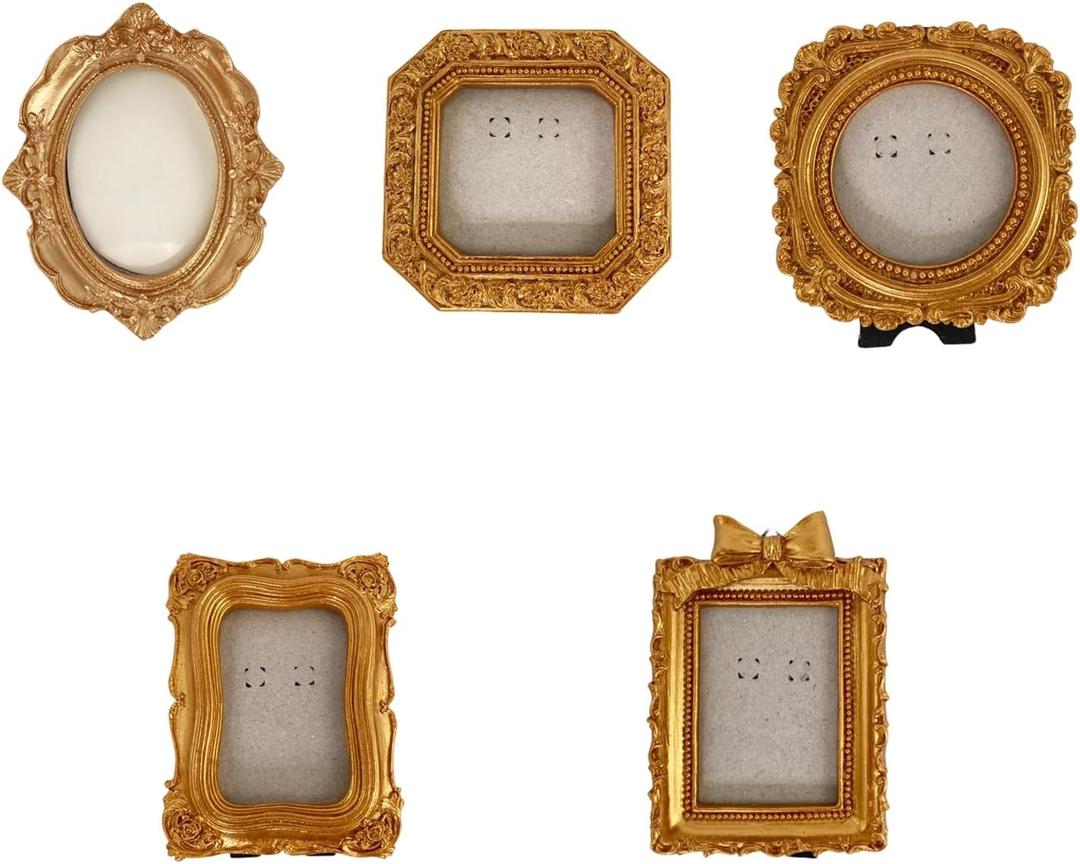 5 Pcs Miniature Picture Frames Small Vintage Picture Frames, Oval Rectangle Wall Hanging Antique Photo for Jewelry Display Holiday Decor (Style 6)