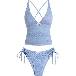 ZAFUL Women's Tankini Set V Neck Tummy Control Floral Printed Tie Side Thong Bikini Swimsuits 2 Piece Bathing Suits(A-Blue, XL)