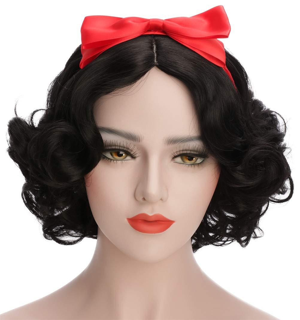 karlery Adult Women Short Bob Wave Black Cosplay Wig with Red Bow Princess Halloween Costume Anime Party Wig
