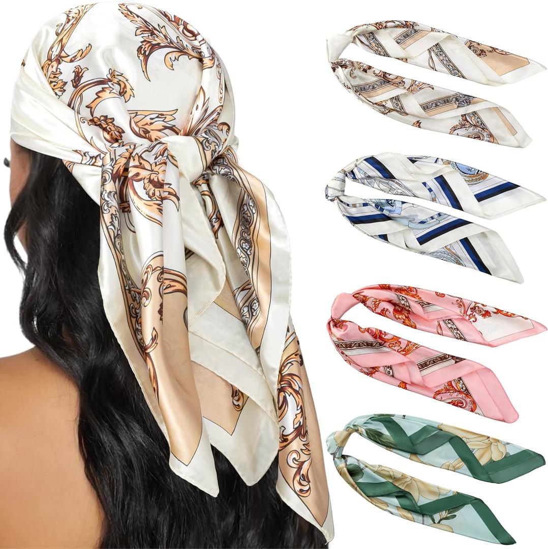 HBselect 4PCS Head Scarf for Women 35” Head Scarves Silk Like Satin Neck Scarfs Square Bandana Hair Wraps Scarf for Sleeping