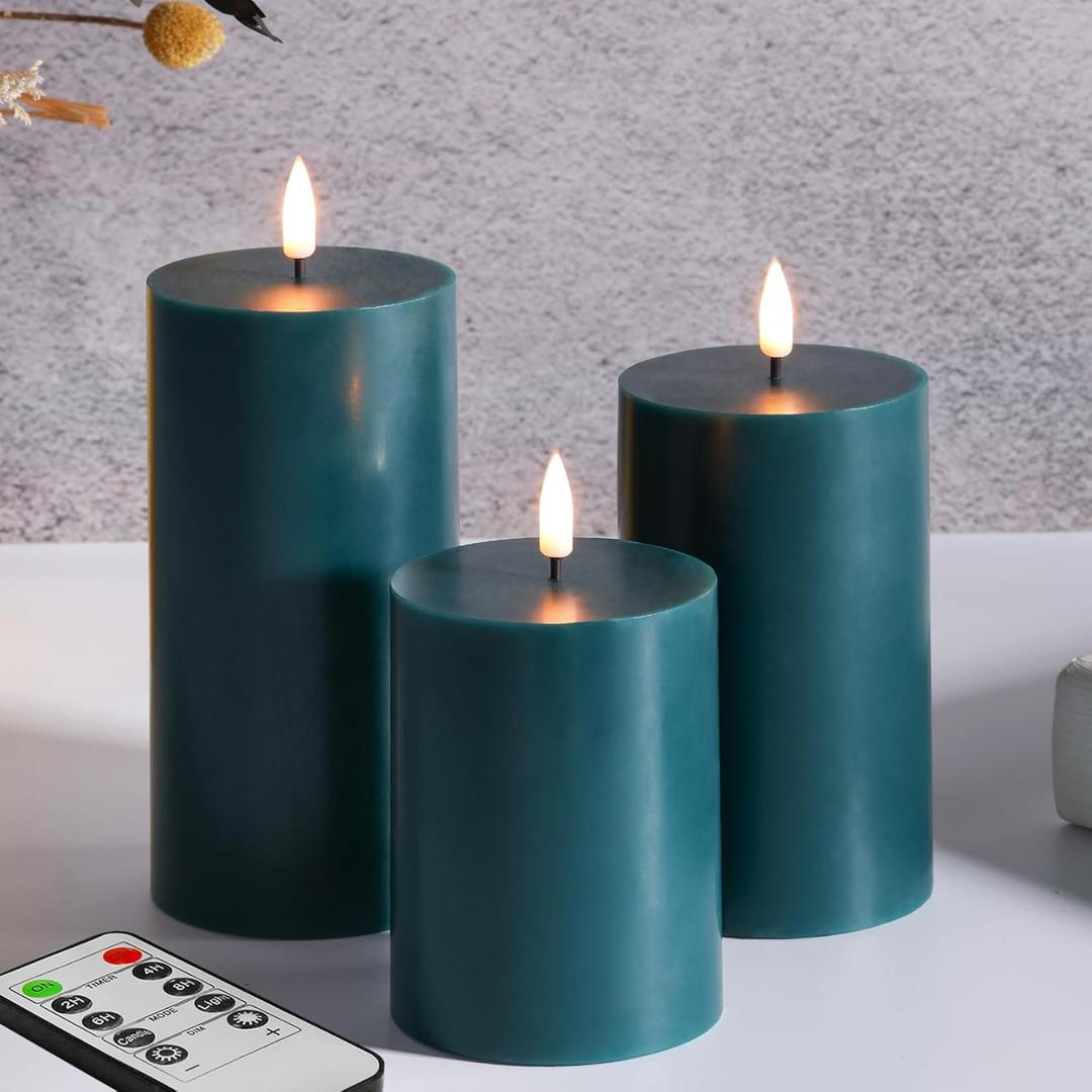 Green Flameless Pillar Candles with Remote, Flickering Spring LED Wax Candles Battery Operated Set of 3