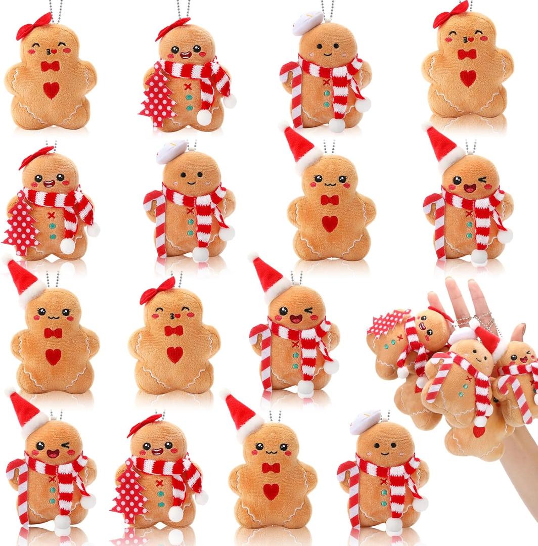 Jenaai 15 Pcs Gingerbread Man Plush Toys, Mini Stuffed Animals 4 Inch Keychains for Christmas Tree Ornament, Birthday Party Favors and Stocking Stuffers, 5 Styles