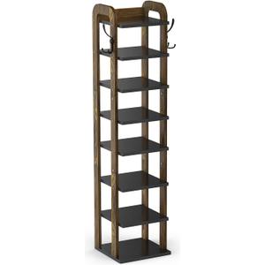 8 Tiers Vertical Shoe Rack, Wooden Shoe Rack for entryway with Hooks, Shoe Storage Organizer for Small Spaces, Space Saving for Closet, Living Room, Bedroom, Front Door