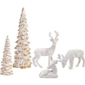 DN DECONATION Reindeer and Christmas Tree Decoration Set Of 5 Xmas Deer Figurines and Tree Statues White & Gold Resin Christmas Figurines for Table Decor, Mantle Decor, Holiday Decorations Indoor