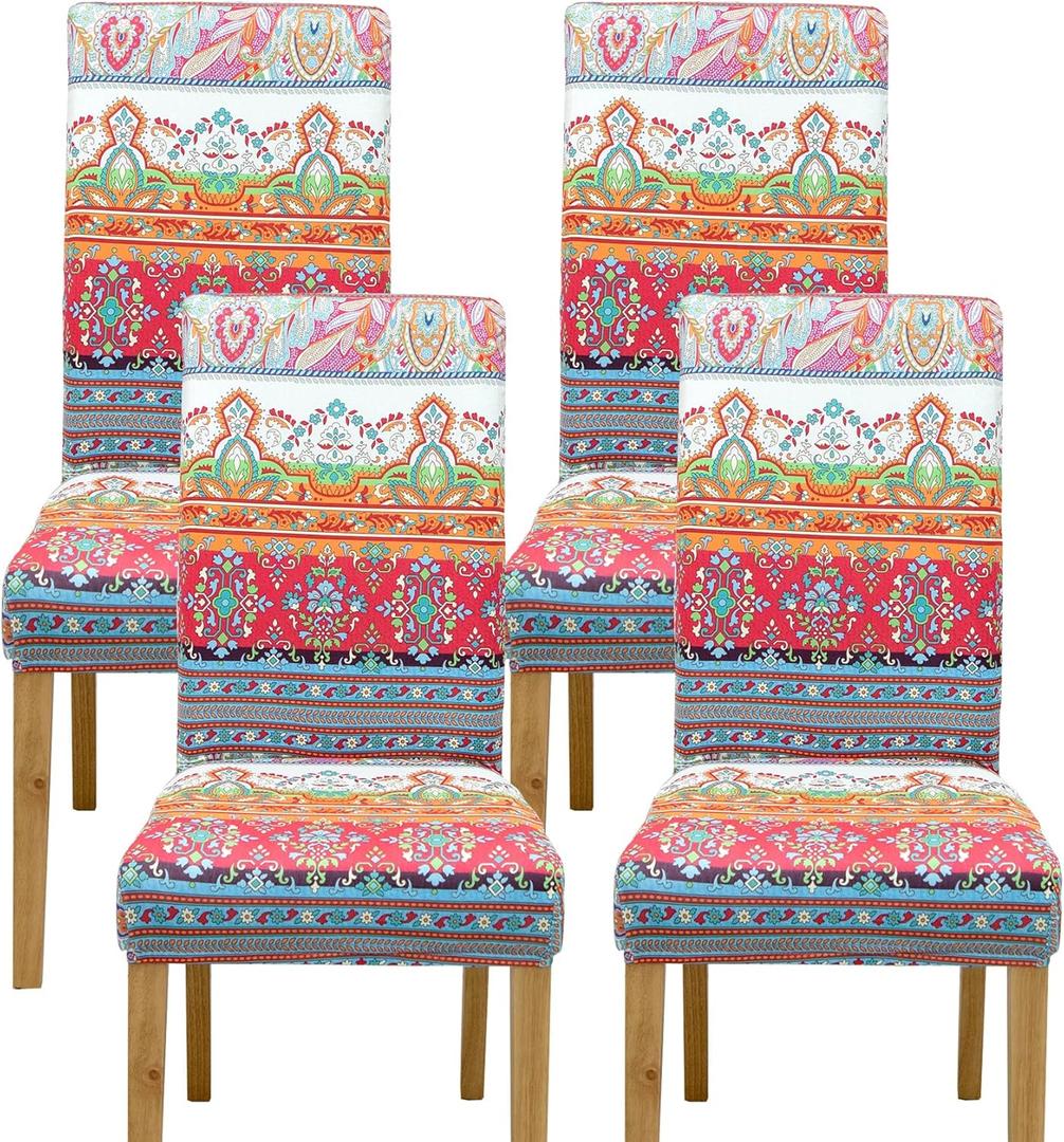 4 Pack Dining Room Chair Covers, Chair Covers for Dining Room Set of 4, Elastic Dining Chair Slipcovers, Dining Chair Slipcover, Kitchen Chair Protector Set of 4, Bohemian 2