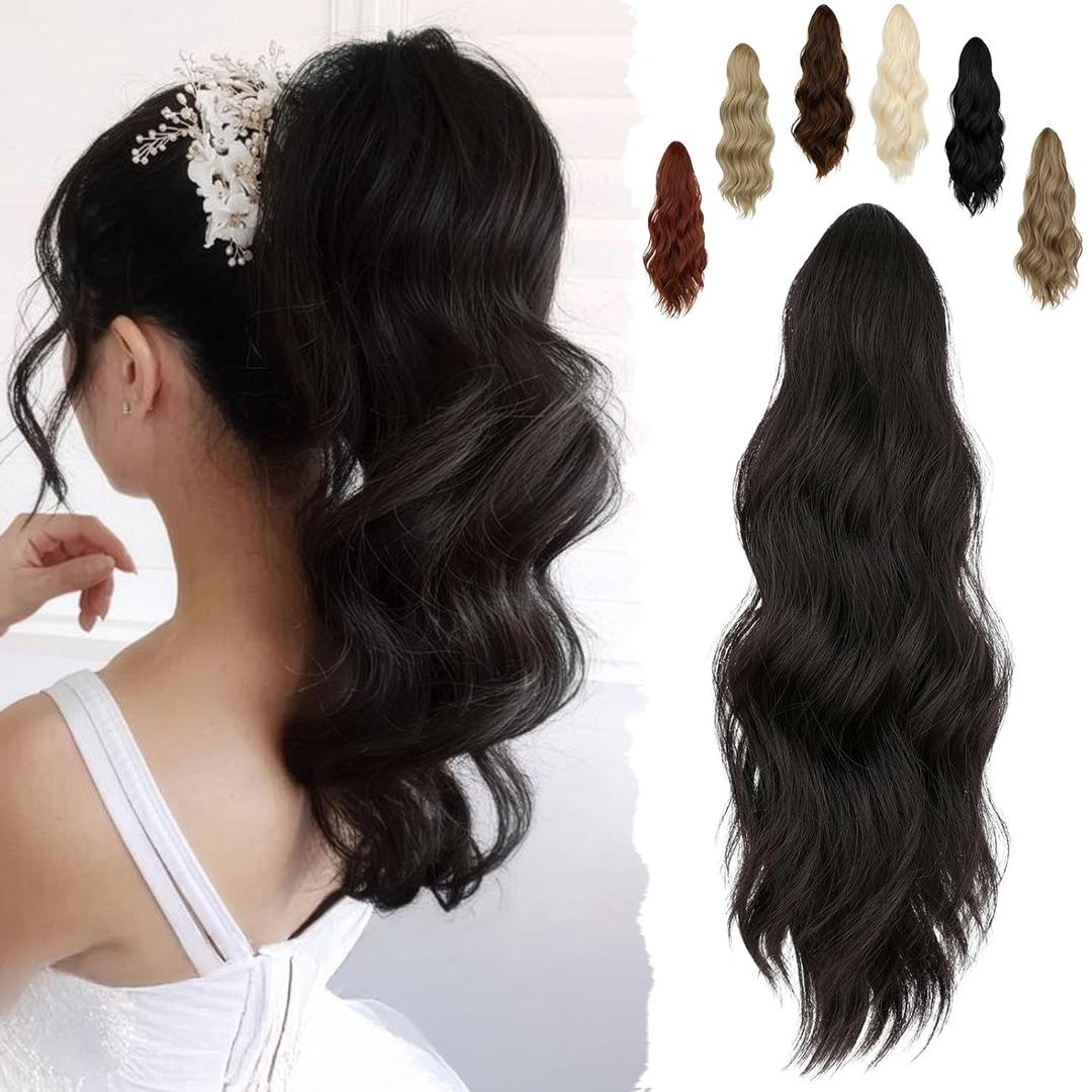 FELENDY 16" Ponytail Extension Long Curly Wavy Ponytails Clip in Claw Hair Extension Pony Tails Natural Looking Synthetic Hairpiece for Women Dark Brown