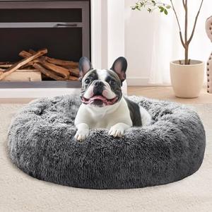 JOLLYVOGUE Calming Small Dog & Cat Bed for Indoor Cats - 20 inches Washable Donut Bed for Kittens & Puppies, Anti-Anxiety Round Fluffy Plush Pet Beds (Fits up to 15 lbs, Smoke Black)