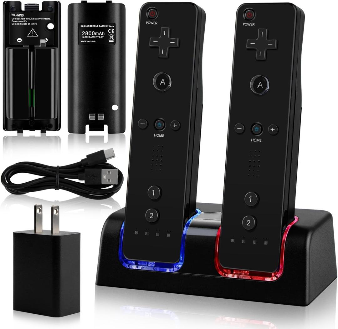2-in-1 Charger Station for Wii/Wii U Remote Controller, with 2 pcs 2800mAh Rechargeable Battery Packs, USB Plug and USB Cable, 2 Port Charging Station for wii Controller (Remote not includedd)-Black