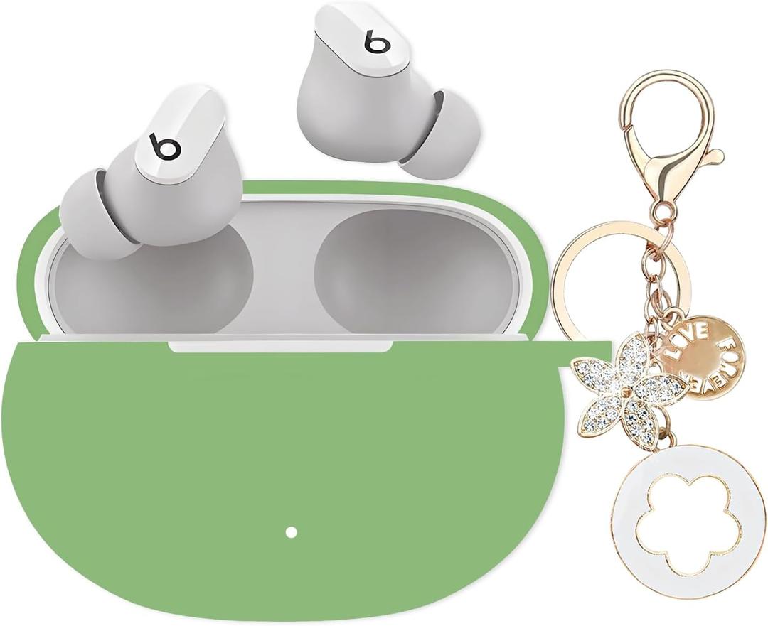 Case for Beats Studio Buds 2021, Studio Buds Plus 2023 Case Cover with Bling Keychain, Soft Silicone Protective Skin for Beats Studio Buds + Earbuds Accessories for Women Girls (Cactus Green)
