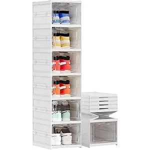 Shoe Storage Organizer Box 6-Tier Foldable Collapsible Stackable Shoe Rack Bins, Fit Size 12, No Assembly, for Men and Women