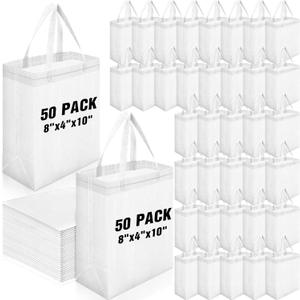 Windyun 50 Pcs Reusable Tote Bag Bulk 8 x 4 x 10 Inch Non Woven Shopping Bag with Handle Reusable Grocery Gift Tote (White)