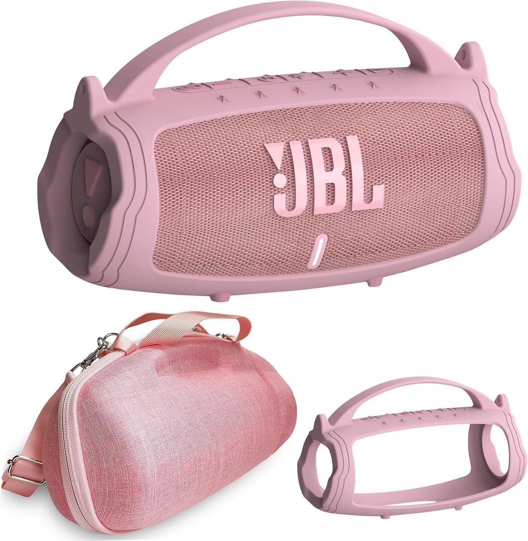 JCHPINE Silicone Cover and Hard Travel Case for JBL Charge 4 / Charge 5 Portable Bluetooth Speaker Accessories (Pink Case, NOT for Wi-Fi Version)