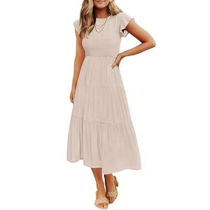 ZESICA Women's 2025 Summer Casual Flutter Short Sleeve Crew Neck Smocked Elastic Waist Tiered Midi Dress,Apricot,Medium