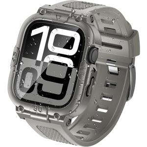 Goton 3 in 1 Waterproof Case with Band for Apple Watch with Built-in Tempered Glass Screen Protector 42mm, 360 Shockproof Bumper Face Cover with Band for Apple Watch Series 11 Series 10, 42mm (Titanium)