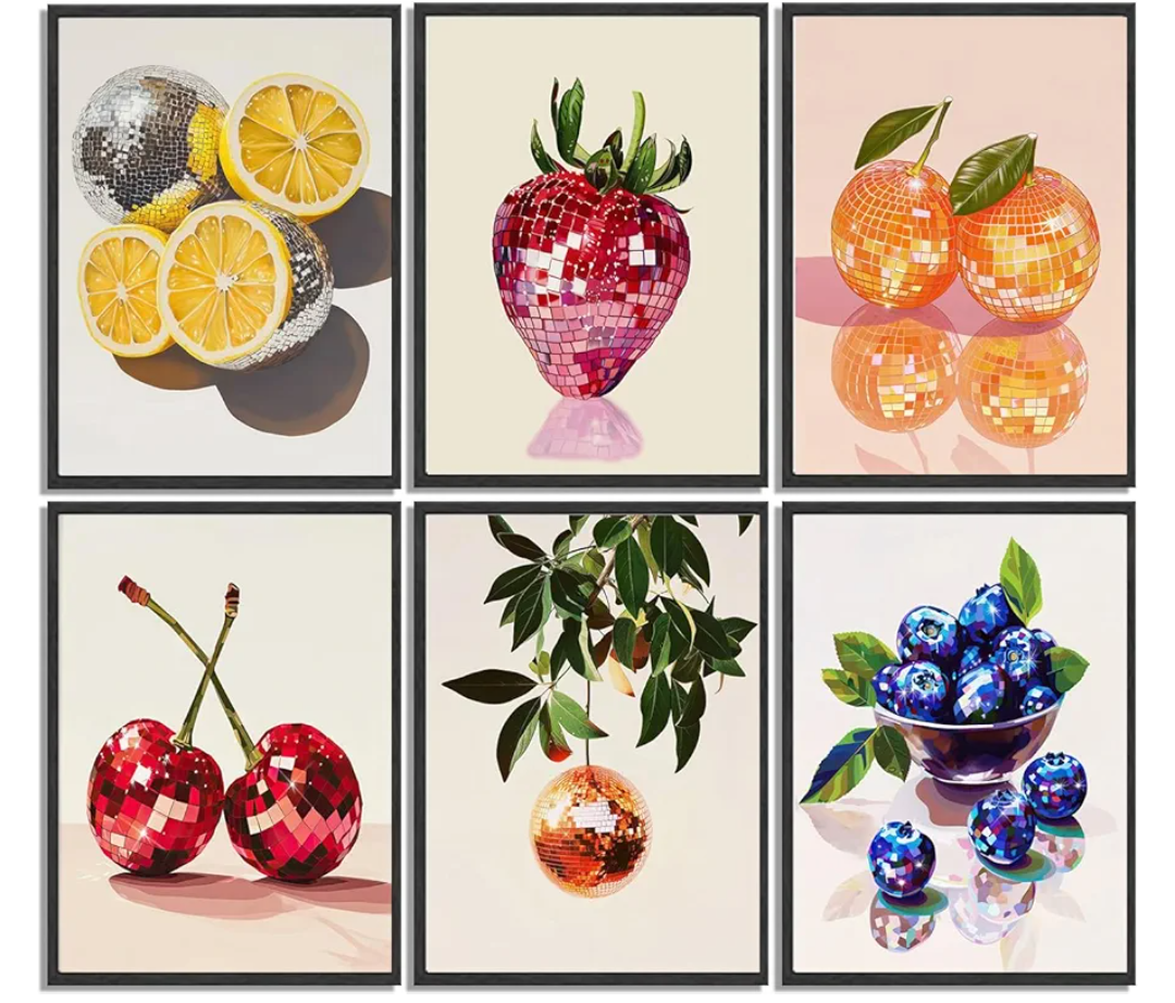 6Pcs Disco Fruit Wall Art funky fruit wall decor pictures Kitchen Poster Preppy Trendy Prints Strawberry lemon cherry Painting Artwork for Living Room Bathroom Girls Room Decoration 8x10in