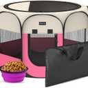 Portable Pet Playpen, 8-Panel Indoor/Outdoor Puppy Pen with Shade Cover & Travel Bag - Waterproof Dog Cat Tent Includes Collapsible Bowl Large (pink, 45"x45"x24")