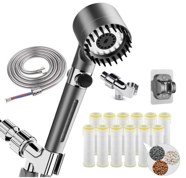 HOTIMO Filtered Shower Head with Handheld  High Pressure 3 Spray Modes Showerhead with Filters, 11 Replaceable Water Softener Filters for Hard Water | Ion Shower Drops Head with 75" AntiBurst Hose