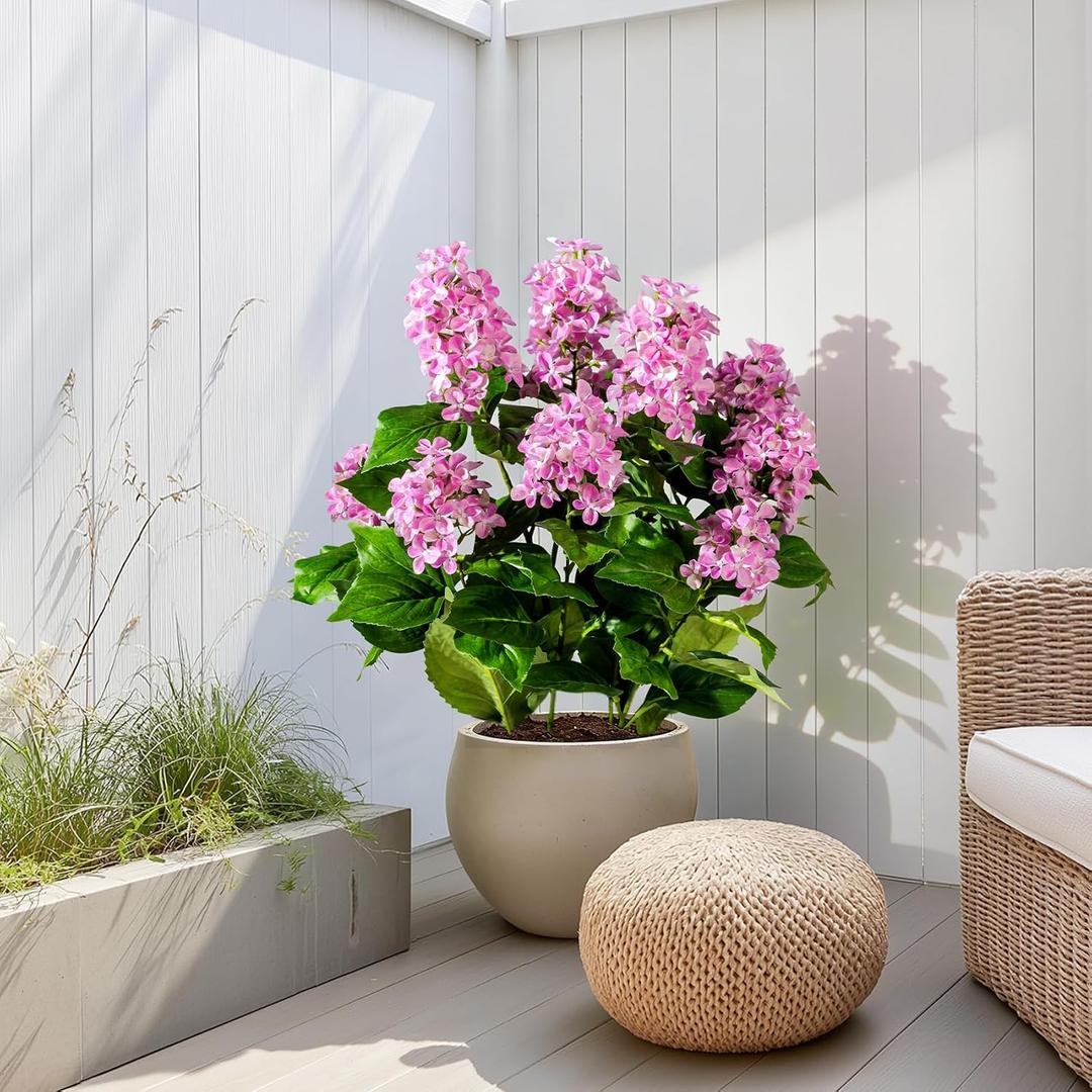 2 Set Artificial Hydrangea Flowers Outdoor 26" Large Faux Hydrangeas Flowers with UV Resistant Design Pot Hydrangea Artificial Flowers Tree for Front Porch Garden Yard Patio Decor (Pink)