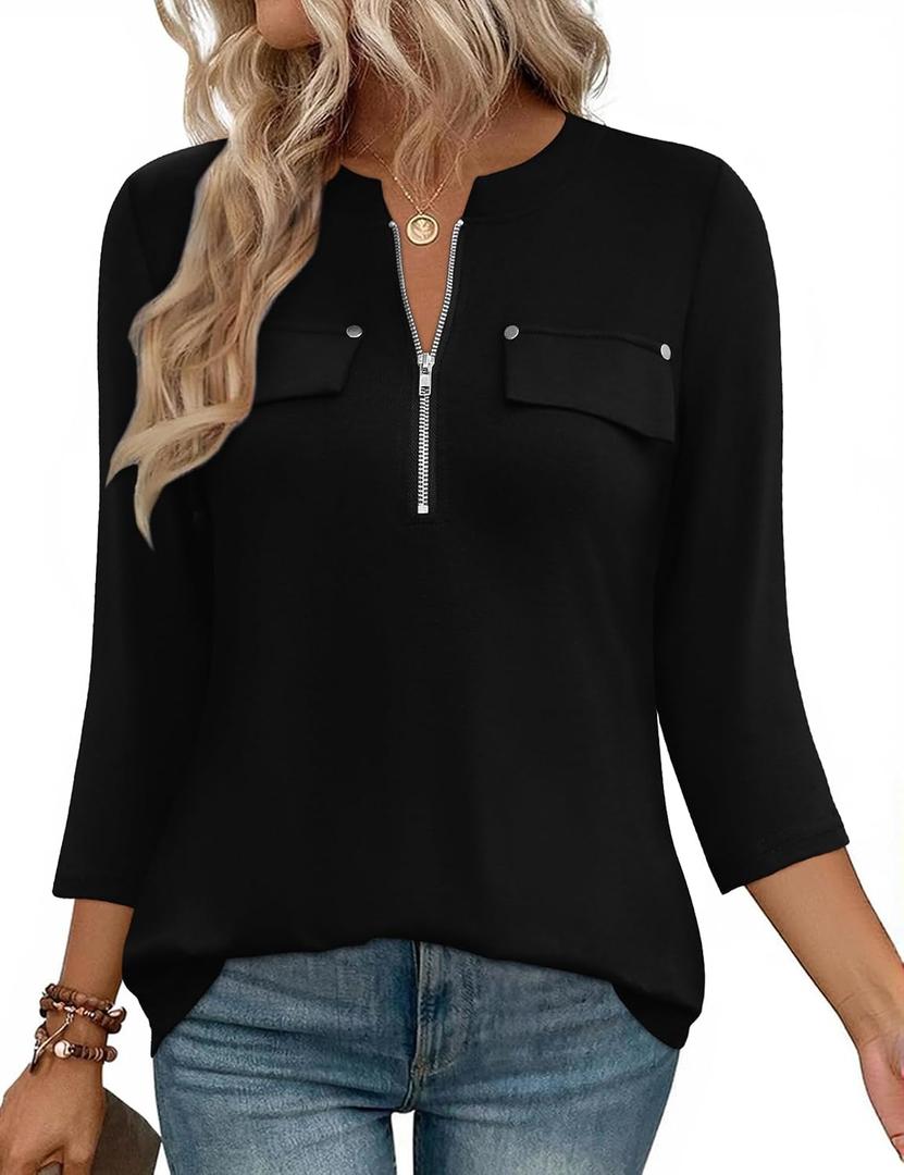 LOMON 3/4 Length Sleeve Womens Tops Business Casual Zip Front V Neck Shirt Loose Fit Work Tunic Blouse (Black, L)