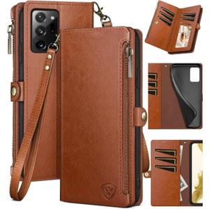 XcaseBar for Samsung Galaxy Note 20 Ultra Wallet case with Zipper Credit Card Holder RFID Blocking,Flip Folio Book PU Leather Phone case Shockproof Cover Women for Samsung Note20Ultra case Light Brown