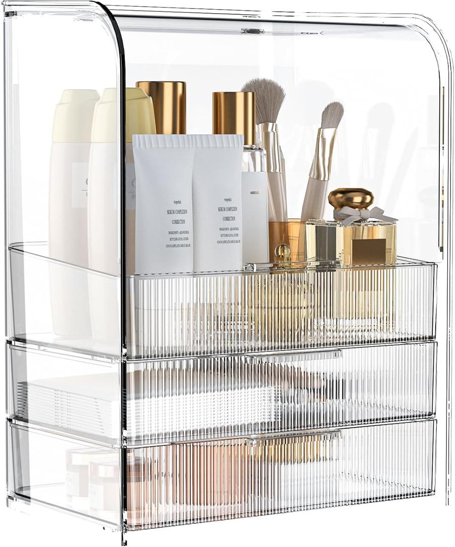 GearFusion 3 Tier Clear Cosmetic Organizer, Makeup Display Case with Lid & Drawers, Countertop Dresser Vanity Storage Box, Beauty Holder for Skincare Lipstick Brush