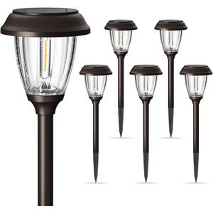 XMCOSY+ Solar Lights Outdoor 10/25 LM LED with 2 Lighting Modes, Solar Garden Lights Glass and Metal, IP65 Waterproof Solar Powered for Yard Pathway Walkway Driveway Patio (6 Pack, Warm White) (Reddish-Brown)