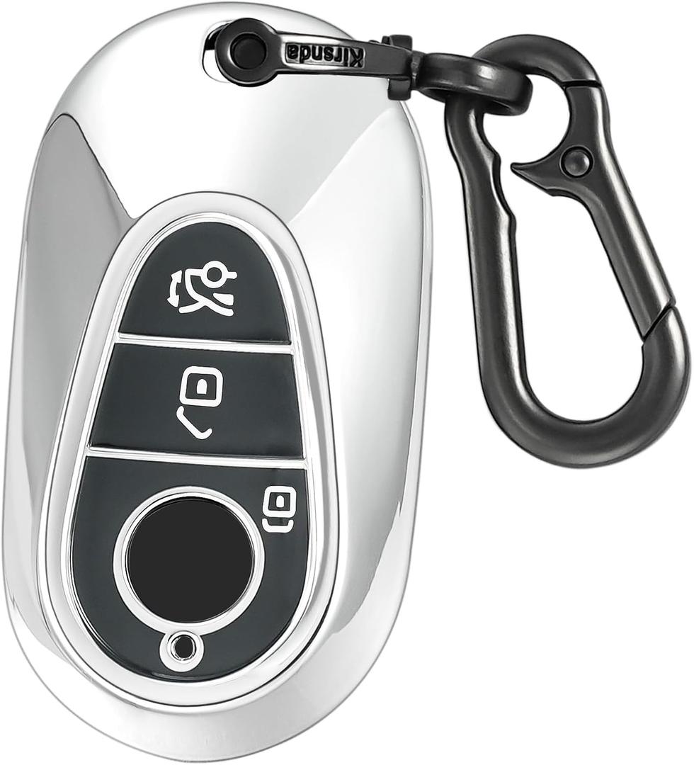 Kirsnda for Mercedes Benz Key Fob Cover with keychian,TPU Protection Key Case Compatible with E Class S Class G Class smart Remote Key (Silver,3 Button)